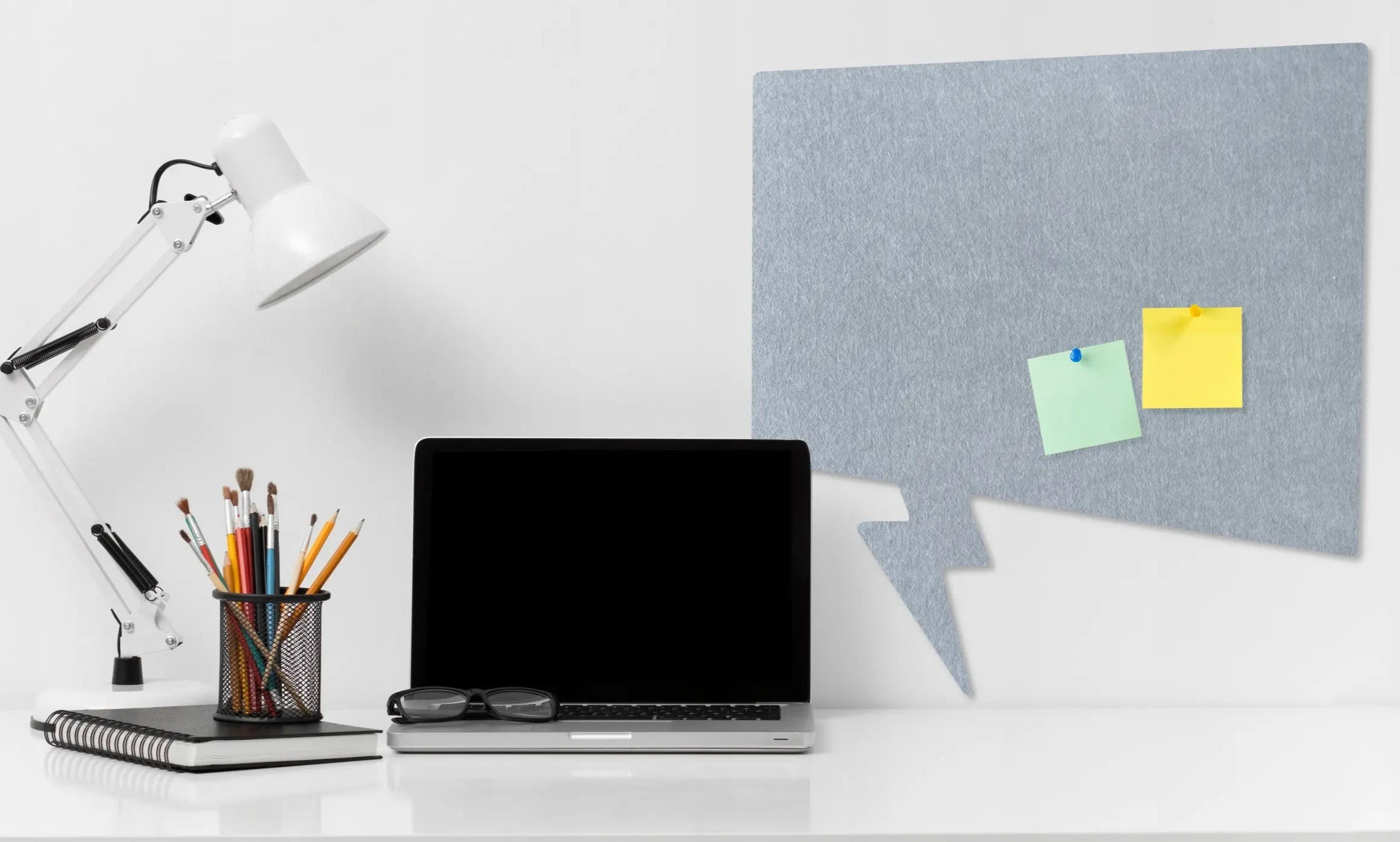 Bulletin Felt Pin Board - COMIC above the desk in white colour interior Decormania UK